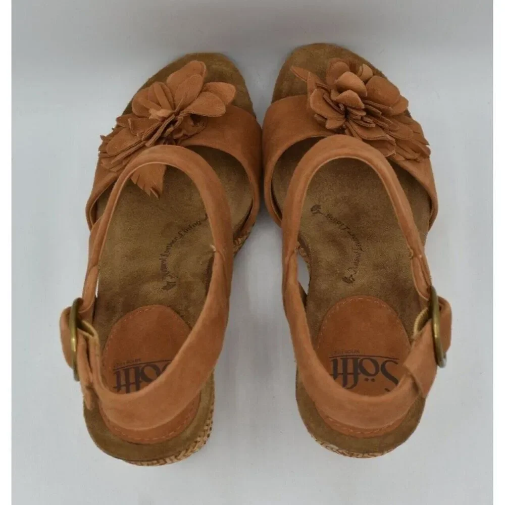 Sofft‎ Womens Size 11 Cali Ginger Tan Suede Wedge Open Toe Floral Sandals Shoes